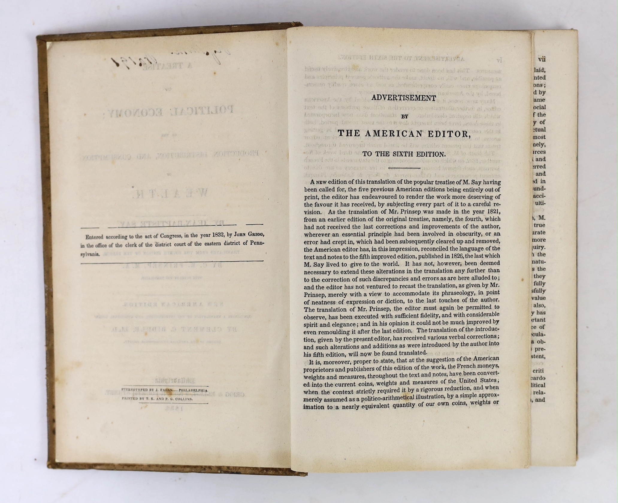 Say, Jean-Baptiste - A Treatise on Political Economy; or the Production, Distribution, and Consumption of Wealth ... new American edition